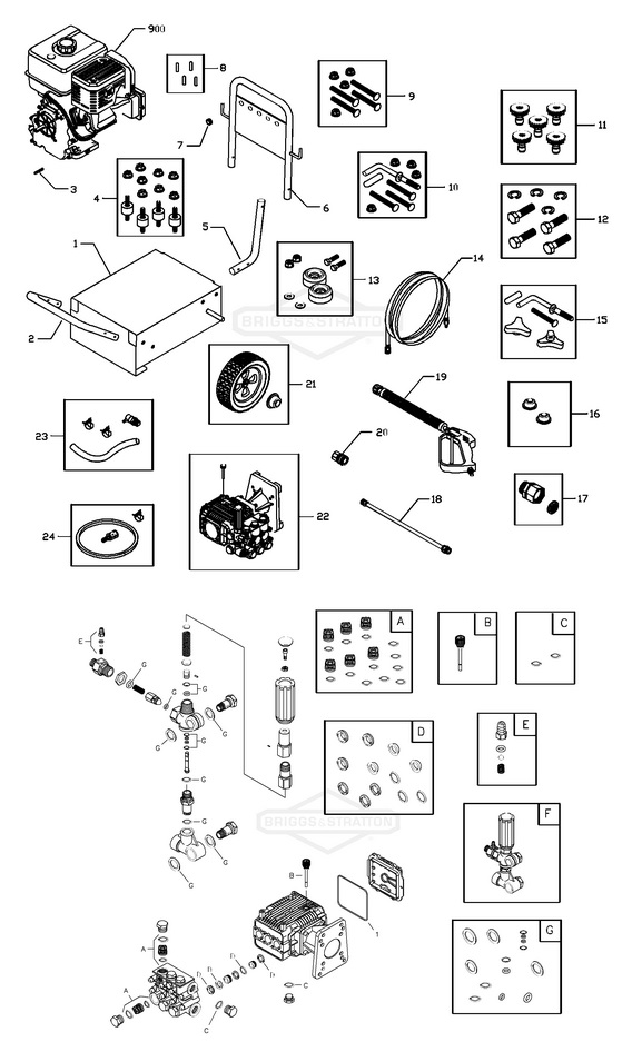 Briggs & Stratton pressure washer model 1779-0 replacement parts, pump breakdown, repair kits, owners manual and upgrade pump.